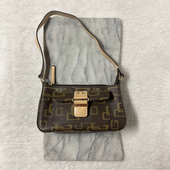 Guess Handbags - Guess y2k Vintage Monogram Mini Baguette Bag Purse Faux Leather Brown